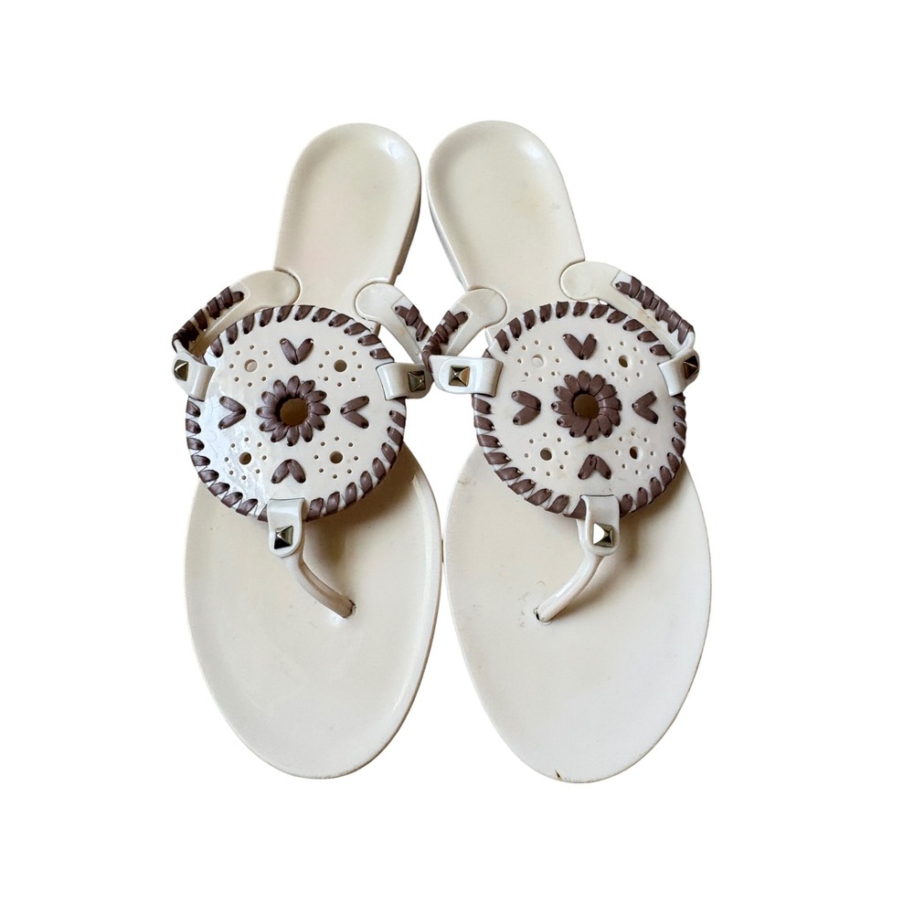 Jack Rogers Georgica Jelly Sandals Cream Brown Whipstitch Studded Flat Thong 9